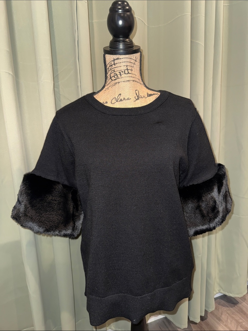 Michael Kors Black Knit Short-Sleeve Top with Faux Fur Cuffs
